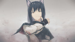Rule 34 | 1girl, absurdres, animal ears, arknights, bad id, bad pixiv id, black capelet, black gloves, black hair, blood, blood on clothes, blood on face, brown eyes, capelet, female focus, fingerless gloves, fuyukono, gloves, highres, id card, jacket, long hair, long sleeves, looking at viewer, solo, sword, texas (arknights), upper body, weapon, white jacket, wolf ears, wolf girl