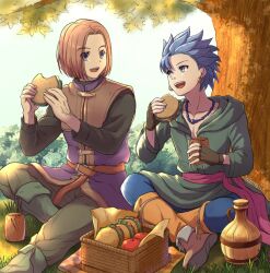 2boys apple bead_necklace beads black_gloves blue_eyes blue_hair blue_pants brown_hair camus_(dq11) commentary_request cup dragon_quest dragon_quest_xi drink earrings eating eye_contact fingerless_gloves food fruit gloves gold_earrings green_tunic hand_tattoo hero_(dq11) highres holding holding_cup holding_drink holding_sandwich hood hood_down hoop_earrings indian_style jewelry jug_(bottle) kyoujixxx leaf looking_at_another male_focus medium_hair multiple_boys necklace open_mouth outdoors pants parted_hair picnic picnic_basket red_sash sandwich sash short_hair single_bang sitting spiked_hair tattoo tree tunic twitter_username