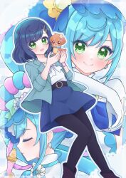 Rule 34 | ahoge, belt, black pantyhose, blue hair, blue jacket, blue skirt, blush, bow, cure spicy, cure spicy (party up style), delicious party precure, earrings, fuwa kokone, green eyes, hair ornament, hairclip, highres, jacket, jewelry, long hair, magical girl, open clothes, open jacket, open mouth, pam-pam (precure), pantyhose, precure, shirt bow, side ponytail, skirt, smile, umiyuki (umi chu), very long hair