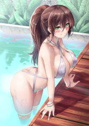 1girl absurdres arm_support ass bangle bare_arms bare_shoulders bracelet breasts brown_hair cho!cho! cleavage closed_mouth collarbone covered_erect_nipples day green_eyes highres jewelry large_breasts leaning_forward light_smile long_hair looking_at_viewer one-piece_swimsuit original outdoors plant ponytail pool solo standing swimsuit wading water wet wet_hair white_one-piece_swimsuit