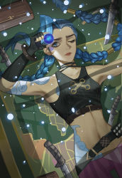 Rule 34 | 1girl, absurdres, arcane: league of legends, arcane jinx, ball, bare shoulders, belt, black belt, black choker, black gloves, blue hair, braid, choker, closed mouth, collarbone, crop top, female focus, fingerless gloves, gloves, hand up, highres, holding, holding ball, jinx (league of legends), knife, league of legends, long hair, looking up, navel, one eye closed, pants, pink pants, solo, stomach, striped clothes, striped pants, twin braids, weapon, zhenxiao