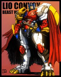 Rule 34 | absurdres, text background, beast wars, beast wars ii, black border, border, cape, character name, copyright name, gradient background, hand on sheath, highres, insignia, lio convoy, looking up, maximal, mecha, moyan, red cape, robot, science fiction, sheath, sheathed, solo, standing, sword, transformers, weapon, yellow eyes