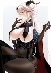 Rule 34 | 1girl, absurdly long hair, absurdres, aegir (azur lane), areola slip, azur lane, bare shoulders, black cape, black gloves, black legwear, bodystocking, breast curtains, breasts, breasts out, cape, cl (summer sama), covered navel, cross, cross earrings, crossed legs, demon horns, earrings, from side, gloves, grey background, highres, horns, huge breasts, impossible clothes, iron cross, jewelry, long hair, multicolored hair, red hair, saliva, saliva trail, simple background, solo, streaked hair, two-tone hair, very long hair, white hair, yellow eyes