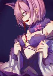 Rule 34 | 1girl, absurdres, animal ears, bare shoulders, bra, breasts, fate/grand order, fate (series), fur, halloween costume, highres, light purple hair, looking at viewer, mash kyrielight, mash kyrielight (dangerous beast), official alternate costume, red cucumber, short hair, solo, underwear, undressing