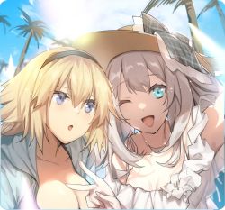 Rule 34 | 2girls, ;d, black hairband, blue eyes, bow, breasts, cleavage, collarbone, fate/grand order, fate (series), grey bow, grey jacket, hair between eyes, hairband, hat, hat bow, hood, hood down, hooded jacket, jacket, jeanne d&#039;arc (fate), jeanne d&#039;arc (ruler) (fate), jeanne d&#039;arc (swimsuit archer) (fate), jeanne d&#039;arc (swimsuit archer) (first ascension) (fate), looking at viewer, marie antoinette (fate), marie antoinette (fate/grand order), marie antoinette (swimsuit caster) (fate), marie antoinette (swimsuit caster) (second ascension) (fate), medium breasts, multiple girls, no-kan, one eye closed, open clothes, open jacket, open mouth, outdoors, palm tree, plaid, plaid bow, small breasts, smile, summer, sun hat, tree, upper body