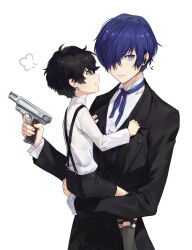 Rule 34 | 2boys, absurdres, aged down, amamiya ren, black hair, blue eyes, blue ribbon, butler, carrying, child, child carry, earpiece, evoker, forgot something, grey eyes, gun, hair over one eye, highres, holding, holding gun, holding weapon, in-franchise crossover, looking at another, looking to the side, male focus, multiple boys, persona, persona 3, persona 5, pout, ribbon, short hair, shorts, suspender shorts, suspenders, sweater, upper body, weapon, white background, white sweater, yuuki makoto (persona 3)