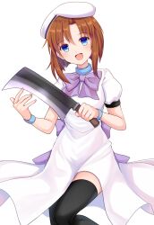 Rule 34 | 1girl, :d, absurdres, akausagi, back bow, beret, black thighhighs, blue eyes, blue wrist cuffs, blunt ends, blush, bow, commentary request, cowboy shot, dress, eyelashes, eyes visible through hair, fingernails, hair between eyes, hat, head tilt, highres, higurashi no naku koro ni, hip vent, holding, holding weapon, looking at viewer, nata (tool), open mouth, orange hair, puffy short sleeves, puffy sleeves, purple bow, ryuuguu rena, short hair, short sleeves, simple background, smile, solo, standing, thighhighs, weapon, white background, white dress, white hat, wrist cuffs, ||/