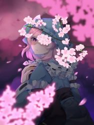 Rule 34 | 1girl, belt, black belt, blue dress, blue hat, blue kimono, blue sleeves, branch, cherry blossoms, closed mouth, dress, flower, from behind, hand up, hat, highres, japanese clothes, kimono, long sleeves, looking at viewer, mob cap, petals, pink eyes, pink flower, pink hair, saigyouji yuyuko, shaded face, shadow, short hair, solo, touhou, triangular headpiece, wankosoba, wide sleeves