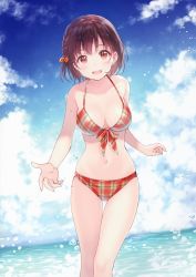 Rule 34 | 1girl, absurdres, bare arms, bare legs, bare shoulders, bikini, blue sky, blush, bow, braid, breasts, brown eyes, brown hair, cloud, cloudy sky, collarbone, day, front-tie bikini top, front-tie top, fukahire (ruinon), hair bow, highres, looking at viewer, medium breasts, navel, open mouth, original, outdoors, plaid, plaid bikini, sky, smile, solo, stomach, swimsuit, wading, water, water drop