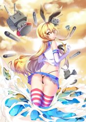 Rule 34 | 10s, 1girl, :3, :o, anchor hair ornament, ass, black panties, blonde hair, butt crack, elbow gloves, from behind, gloves, hair ornament, hairband, highres, kantai collection, kashi kosugi, lifebuoy, long hair, looking at viewer, looking back, microskirt, panties, rensouhou-chan, shimakaze (kancolle), skirt, striped clothes, striped thighhighs, swim ring, thigh gap, thighhighs, thong, torpedo, underwear, water, whale tail (clothing), white gloves, yellow eyes