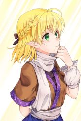 Rule 34 | 1girl, akizuki haruhi, arm warmers, blonde hair, blush, bow, braid, brown shirt, closed mouth, french braid, from side, green eyes, hair bow, japanese clothes, mizuhashi parsee, pointy ears, sash, scarf, shirt, short hair, short sleeves, smile, solo, touhou, upper body, white scarf
