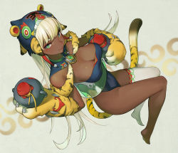 Rule 34 | 1girl, animal hands, blonde hair, breasts, cleavage, closed mouth, dark-skinned female, dark skin, full body, gloves, green eyes, hand up, leotard, looking at viewer, medium breasts, no shoes, original, paw gloves, shop p, single thighhigh, solo, tail, thighhighs, tiger paws, tiger tail, white thighhighs
