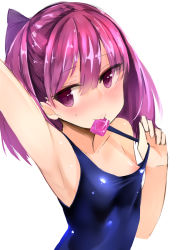 Rule 34 | 1girl, armpits, bad id, bad pixiv id, blush, condom, condom in mouth, condom wrapper, fate/grand order, fate (series), heart, helena blavatsky (fate), highres, looking to the side, mouth hold, muoto, one-piece swimsuit, purple eyes, purple hair, short hair, simple background, smile, solo, swimsuit, white background