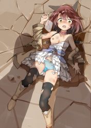 Rule 34 | 1girl, amane rosylily, animal ears, arm up, bare shoulders, black thighhighs, blue panties, blush, boots, bow, bow panties, breasts, brown coat, brown footwear, brown hair, bruise, coat, collarbone, d:, dress, dutch angle, facing viewer, fang, fingernails, fox ears, from above, head tilt, highres, injury, knee boots, long sleeves, lying, nipples, nose blush, off shoulder, ominous shadow, on back, one breast out, open clothes, open coat, open mouth, original, panties, polka dot, polka dot panties, scared, sekira ame, small breasts, smoke, solo, strapless, strapless dress, tears, teeth, thighhighs, torn clothes, torn dress, torn thighhighs, translation request, underwear, white dress, wide sleeves, yellow eyes