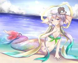 Rule 34 | 1girl, aqua hair, arm support, beach, beads, bikini, bikini top only, blush, breasts, cloud, cloudy sky, day, finger to mouth, fins, fish tail, front-tie top, full body, gem, gradient background, gradient hair, hair ornament, head fins, heterochromia, horizon, jewelry, leglus, light purple hair, long hair, looking at viewer, lying, mermaid, monster ears, monster girl, multicolored hair, navel, ocean, on ground, on side, outdoors, pearl (gemstone), purple eyes, purple hair, ring, sand, scales, shawl, shell, sky, small breasts, solo, swimsuit, tail, very long hair, vocaloid, voiceroid, yuzuki yukari