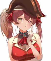 Rule 34 | 1girl, :o, ascot, bare shoulders, breasts, brown hat, cleavage, cropped jacket, gloves, hair ribbon, hat, heterochromia, highres, hololive, houshou marine, index finger raised, jacket, large breasts, long hair, looking at viewer, pirate hat, red eyes, red hair, red jacket, red ribbon, red vest, ribbon, see-through, see-through cleavage, simple background, sleeveless, sleeveless jacket, solo, twintails, upper body, vest, vezbin, virtual youtuber, white background, white gloves, yellow eyes