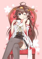 Rule 34 | 10s, 1girl, ;), ahoge, bare shoulders, blush, brown hair, brown thighhighs, chair, crossed legs, cup, detached sleeves, double bun, frilled skirt, frills, grey eyes, hair bun, hairband, headgear, heart, jewelry, kamoto tatsuya, kantai collection, kongou (kancolle), long hair, looking at viewer, nontraditional miko, one eye closed, pink background, ribbon-trimmed sleeves, ribbon trim, ring, sash, sitting, skirt, smile, solo, teacup, thighhighs, wedding band
