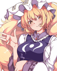 Rule 34 | 1girl, absurdres, animal ears, blonde hair, blush, breasts, closed mouth, dress, fox ears, fox tail, gokuu (acoloredpencil), hair between eyes, hat, highres, large breasts, long sleeves, looking at viewer, mob cap, multiple tails, short hair, simple background, smile, solo, tabard, tail, touhou, upper body, white background, white dress, white hat, wide sleeves, yakumo ran, yellow eyes, yellow tail