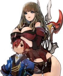 Rule 34 | 1boy, 1girl, bare shoulders, blue eyes, blush, book, breast rest, breasts, breasts on head, brown hair, detached collar, earrings, final fantasy, final fantasy xiv, highres, hyur, jewelry, lalafell, large breasts, long hair, midriff, navel, open mouth, pointy ears, pupps, red hair, short hair, simple background, smile, white background