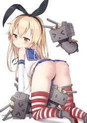 Rule 34 | &gt; &lt;, 10s, 1girl, :&lt;, :3, all fours, ass, black panties, blonde hair, blue skirt, blush, closed eyes, darnell, hairband, highres, kantai collection, long hair, looking at viewer, panties, rensouhou-chan, shimakaze (kancolle), simple background, skirt, striped clothes, striped thighhighs, thighhighs, underwear, white background, yellow eyes