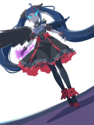 Rule 34 | 1girl, 32zzz, ankle boots, armor, black dress, black footwear, black nails, black thighhighs, black wings, blue cape, blue eyes, blue hair, boots, bow, brooch, cape, closed mouth, commentary, cure sky, cut bangs, dark cure sky, dark persona, detached sleeves, dress, dress bow, dutch angle, english commentary, expressionless, feathered wings, fingerless gloves, frilled dress, frills, gloves, glowing, glowing eyes, glowing fist, grey dress, grey gloves, highres, hirogaru sky! precure, jewelry, long hair, looking at viewer, magical girl, medium dress, multicolored hair, pantyhose, pauldrons, precure, puffy detached sleeves, puffy sleeves, short dress, shoulder armor, single pauldron, single sidelock, single wing, sleeveless, sleeveless dress, solo, sora harewataru, spiked pauldrons, standing, streaked hair, thighhighs, torn cape, torn clothes, twintails, two-tone dress, very long hair, wing brooch, wing hair ornament, wings