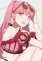 Rule 34 | 1girl, :d, bare shoulders, bikini, blunt bangs, breasts, cleavage, commentary, eyewear on head, fire emblem, fire emblem: three houses, fire emblem heroes, grey background, hand up, highres, hilda valentine goneril, hilda valentine goneril (summer), knee up, looking at viewer, medium breasts, nintendo, off-shoulder bikini, off shoulder, official alternate costume, open mouth, peach11 01, pink bikini, pink eyes, pink hair, puffy short sleeves, puffy sleeves, short sleeves, simple background, smile, solo, stomach, sunglasses, swimsuit, twintails, upper body