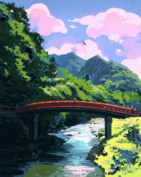 Rule 34 | bad id, bad tumblr id, blue sky, bridge, cloud, cloudy sky, commentary, copyright request, day, english commentary, grass, highres, ilya kuvshinov, no humans, oil-paper umbrella, outdoors, red umbrella, river, scenery, sky, umbrella, water