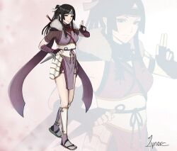 1girl alternate_costume armor black_hair bodysuit breasts cm_lynarc fire_emblem fire_emblem_awakening fire_emblem_heroes fishnet_bodysuit fishnets grey_eyes headband highres japanese_armor japanese_clothes kunai long_hair medium_breasts nintendo ponytail purple_scarf say&#039;ri_(fire_emblem) scarf shoulder_armor shoulder_guard sode standing weapon zoom_layer