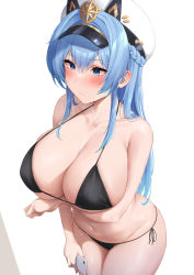 Rule 34 | 1girl, arm under breasts, bikini, black bikini, blue eyes, blue hair, blush, braid, breasts, cellphone, cleavage, closed mouth, collarbone, commentary, from above, futon fly away, goddess of victory: nikke, hat, helm (nikke), highres, holding, holding phone, large breasts, navel, phone, side-tie bikini bottom, sideboob, simple background, smartphone, solo, swimsuit, thighs, underboob, white background, white hat