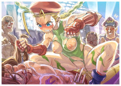 Rule 34 | 1girl, 4boys, angry, balrog (street fighter), bare shoulders, beaten, beret, blonde hair, blood, blue eyes, blush, braid, breasts, cammy white, capcom, censored, clenched teeth, convenient censoring, cowgirl position, dark-skinned male, dark skin, defeat, eyepatch, fingerless gloves, flying sweatdrops, girl on top, gloves, hat, head bump, leotard, long hair, m. bison, mimonel, multiple boys, navel, nipples, nosebleed, sagat, scar, scratches, spread legs, straddling, street fighter, street fighter ii (series), street fighter zero (series), tattoo, tears, teeth, torn clothes, torn leotard, twin braids, vega (street fighter), wardrobe malfunction