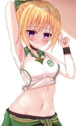 Rule 34 | 1girl, arm behind head, arm up, armpits, bare shoulders, black choker, black shorts, blonde hair, blush, bow, breasts, chloe (princess connect!), chloe (school festival) (princess connect!), choker, closed mouth, clothes around waist, collared shirt, commentary request, cowboy shot, green bow, green jacket, groin, gym uniform, hair between eyes, hair bow, high ponytail, highres, imono y, jacket, jacket around waist, long hair, looking at viewer, medium breasts, midriff, navel, official alternate costume, plaid, plaid bow, pointy ears, princess connect!, purple eyes, shirt, shorts, sidelocks, sleeves rolled up, smile, solo, standing, taut clothes, taut shirt, tied shirt, v, white shirt, wristband