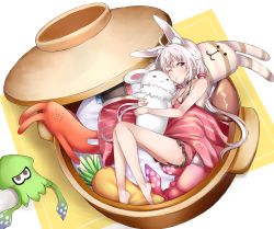 Rule 34 | 1girl, animal ear fluff, animal ears, bare shoulders, blush, closed mouth, commentary request, dress, frilled dress, frills, hair ornament, in container, long hair, low twintails, lying, mashiro aa, nintendo, nintendo switch, hugging object, on side, one eye closed, rabbit ears, rabbit girl, rabbit tail, red dress, red eyes, sleeveless, sleeveless dress, solo, splatoon (series), splatoon 1, stuffed animal, stuffed carrot, stuffed octopus, stuffed rabbit, stuffed toy, tail, thick eyebrows, tomari mari, tomari mari channel, twintails, two-tone background, very long hair, virtual youtuber, white background, white hair, yellow background