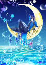 1boy animal_ears black_hair blue_background blue_jacket cat_boy cat_ears cat_tail checkered_floor crescent_moon date_masamune_(sengoku_basara) jacket looking_at_viewer male_focus moon official_alternate_costume parted_lips reclining sengoku_basara slit_pupils solo tail warabi_(waradoko) yellow_eyes