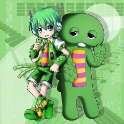 Rule 34 | 1boy, 2boys, colored skin, dino, dinosaur, dragon, green eyes, green hair, green skin, green theme, happy, headphones, male focus, matching hair/eyes, monster, multiple boys, open mouth, ryuuto, ryuuto (vocaloid), scales, smile, tooth, vocaloid