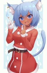 Rule 34 | 1girl, absurdres, animal ears, bad id, bad pixiv id, bandaged hand, bandages, belt, blue eyes, blue hair, blue nails, blush, breasts, cat ears, cat girl, cat tail, choker, christmas, collarbone, commission, dark-skinned female, dark skin, earrings, fang, highres, hungrydurp, jewelry, long sleeves, looking at viewer, medium breasts, nail polish, open mouth, original, santa costume, short hair, smile, solo, tail
