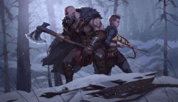 Rule 34 | 2boys, arrow (projectile), atreus, axe, bald, beard, black cape, black hair, black pants, bow (weapon), brown gloves, cape, dao trong le, facial hair, father and son, fighting stance, fur-trimmed cape, fur trim, gloves, god of war, highres, holding, holding arrow, holding axe, holding bow (weapon), holding weapon, kratos (god of war), large pectorals, male focus, multiple boys, muscular, muscular male, nipples, open mouth, outdoors, pale skin, pants, pectorals, quiver, short hair, snow, snowing, undercut, weapon
