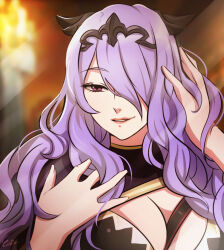 1girl breasts camilla_(fire_emblem) cleavage fire_emblem fire_emblem_fates hair_over_one_eye large_breasts long_hair nintendo purple_eyes purple_hair solo