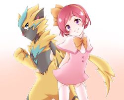 Rule 34 | 1girl, animal ears, arms behind back, blue eyes, blush, bow, capelet, creatures (company), dress, flat chest, furry, game freak, garter straps, gen 7 pokemon, hairband, hand up, happy, looking at viewer, looking to the side, margo (pokemon), mayuma (mrtyuj), nintendo, orange bow, orange hairband, pink capelet, pink dress, pink hair, pokemon, pokemon (anime), pokemon (creature), pokemon the movie: the power of us, profile, purple eyes, short hair, smile, standing, tail, thighhighs, whiskers, white thighhighs, zeroara