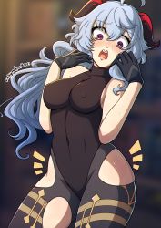 Rule 34 | 1girl, 2021, ahoge, artist name, bare shoulders, black gloves, blue hair, blurry, blurry background, blush, bodysuit, breasts, covered erect nipples, covered navel, depth of field, ganyu (genshin impact), genshin impact, gloves, highres, kinkymation, long hair, open mouth, pantyhose, purple eyes, solo, torn clothes, torn pantyhose, wardrobe malfunction