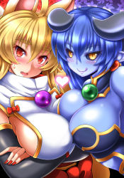 Rule 34 | 2girls, :q, animal ears, astaroth (shinrabanshou), asymmetrical docking, bare shoulders, black sclera, blonde hair, blue hair, blue skin, blush, breast hold, breast press, breasts, cleavage, colored sclera, colored skin, demon girl, detached sleeves, earrings, eyebrows, fang, female focus, fox ears, heart, horns, izuna (shinrabanshou), jewelry, kittan (cve27426), large breasts, licking lips, long hair, looking at viewer, multiple girls, nail polish, parted lips, pointy ears, red eyes, red nails, shinrabanshou, sideboob, slit pupils, demon girl, sweatdrop, symmetrical docking, thick eyebrows, tongue, tongue out, upper body, yellow eyes