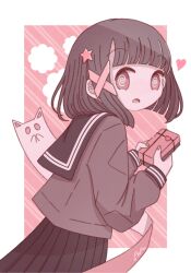 Rule 34 | 1girl, @ @, blush, bob cut, border, box, brown hair, cardigan, cathead, commentary, d:, embarrassed, fingernails, ghost, hair ornament, heart, highres, holding, holding box, long sleeves, looking at viewer, looking back, nail polish, no nose, nose blush, omochi noa, open mouth, original, pink background, pink theme, pleated skirt, sailor collar, school uniform, serafuku, short hair, signature, skirt, solid oval eyes, solo, squinting, star (symbol), star hair ornament, striped background, symbol-only commentary, uniform, upper body, valentine, white border, x hair ornament