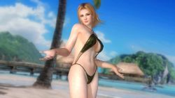 Rule 34 | 1girl, 3d, beach, bikini, blonde hair, breasts, dead or alive, dead or alive 5, large breasts, looking at viewer, navel, official art, outdoors, sand, short hair, shrugging, sideboob, solo, standing, swimsuit, tecmo, tina armstrong, water
