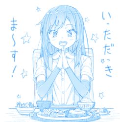 Rule 34 | 1girl, arm warmers, asashio (kancolle), blue theme, blush, bowl, buttons, collared shirt, gotou hisashi, kantai collection, long hair, open mouth, rice, rice bowl, shirt, short sleeves, simple background, smile, solo, star (symbol), white background