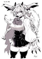 Rule 34 | 1girl, bow, bowtie, breasts, claws, corset, fangs, greyscale, head wings, highres, horns, large breasts, long hair, long sleeves, looking at viewer, monochrome, open mouth, original, shirt, signature, simple background, skirt, solo, tail, takatsuki ichi, teeth, thighhighs, thighs, white background, wings, zettai ryouiki