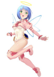 Rule 34 | 1girl, blue hair, boots, breasts, commentary request, covered navel, crop top, djibril (makai tenshi djibril), elbow gloves, energy wings, full body, gloves, green eyes, halo, highres, leg up, magical girl, makai tenshi djibril, manabe rika, one-piece swimsuit, open mouth, pink footwear, pink gloves, pink shirt, pink thighhighs, school swimsuit, shirt, shochiku, short hair, smile, solo, swimsuit, swimsuit costume, thigh boots, thighhighs, thighs, white one-piece swimsuit, wings