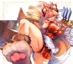 Rule 34 | 1girl, :d, animal ear fluff, animal hands, apron, bamboo steamer, bell, black panties, cat paws, chair, china dress, chinese clothes, cleavage cutout, cleaver, clothing cutout, collar, dress, fang, fate/grand order, fate (series), fox girl, fox tail, gloves, highres, indoors, open mouth, panties, pantyshot, patterned background, paw gloves, pink hair, ponytail, skin fang, smile, solo, table, tail, tamamo (fate), tamamo cat (fate), underwear, wisespeak