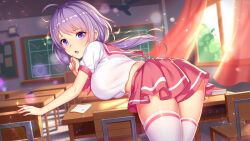 Rule 34 | 1girl, blurry, blurry background, blush, breasts, chair, classroom, curtains, desk, dutch angle, highres, indoors, large breasts, long hair, looking at viewer, looking back, miniskirt, open mouth, pleated skirt, pretty angel, purple eyes, purple hair, sailor collar, school chair, school desk, school uniform, shirt, short sleeves, skirt, solo, thighhighs, thighs, white shirt, window, zettai ryouiki