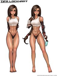 Rule 34 | 1990s (style), 1girl, abs, absurdres, barefoot, bottle, brown eyes, brown hair, character sheet, covered erect nipples, elbow gloves, final fantasy, final fantasy vii, fingerless gloves, full body, gloves, highres, navel, no pants, retro artstyle, ronindude, simple background, stomach, tank top, thong, tifa lockhart, toes, towel, underwear, water bottle