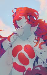 Rule 34 | absurdres, androgynous, bad id, bad pixiv id, gem, gender request, grin, highres, houseki no kuni, long hair, looking at viewer, open clothes, open shirt, padparadscha (houseki no kuni), red eyes, red hair, shirt, smile, solo