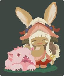 Rule 34 | 1girl, :3, :d, ^ ^, animal ears, bad id, bad pixiv id, barefoot, chibi, closed eyes, ears through headwear, fang, furry, grass, grey background, horns, long hair, made in abyss, mitty (made in abyss), nanachi (made in abyss), open mouth, pants, rabbit ears, rizu (rizunm), short hair with long locks, smile, topless, whiskers, white hair